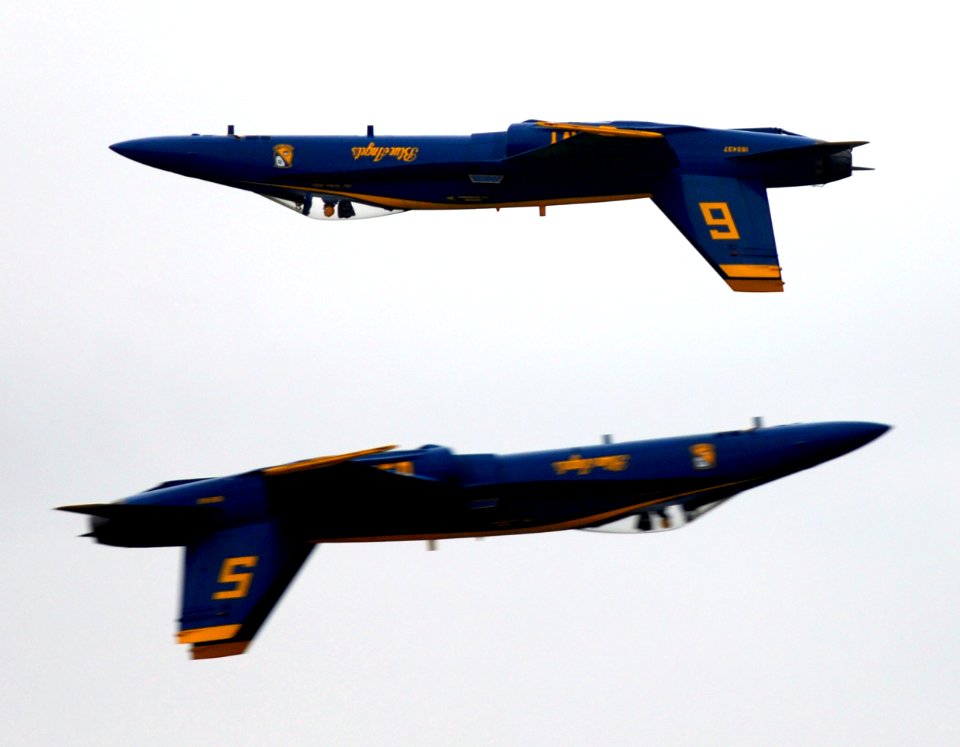 US Navy 080920-N-5345W-197 Members of the U.S. Navy flight demonstration squadron the Blue Angels perform a high speed inverted crossing maneuver