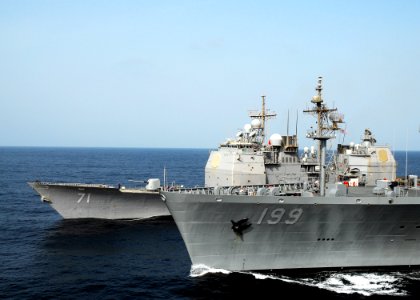 US Navy 080923-N-2183K-034 The Military Sealift Command fleet replenishment oiler USNS Tippecanoe (T-AO 199) and the guided-missile cruiser USS Cape St. George (CG 71) steam together during an underway replenishment