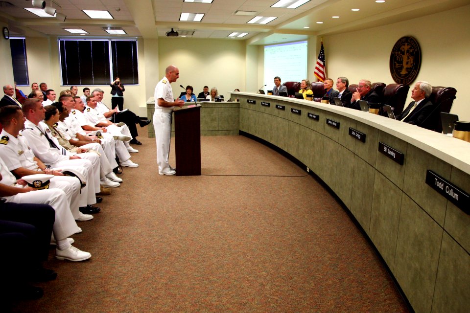 US Navy 080923-N-3271W-043 Rear Adm. John W. Goodwin, commander of Naval Air Force Atlantic, addresses the Lexington County Council before the council passes a resolution declaring Columbia Navy Week