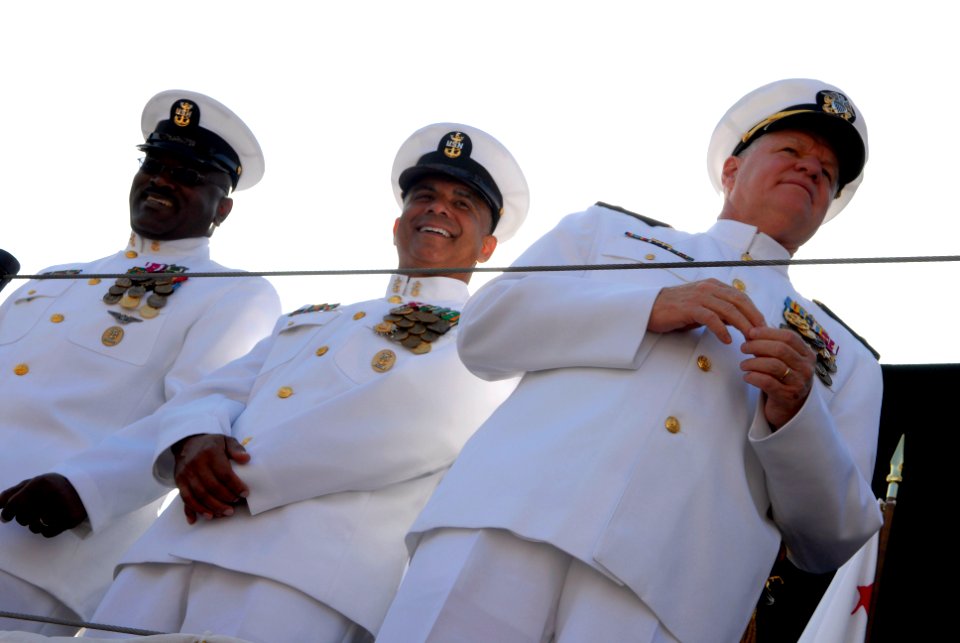 US Navy 080918-N-9818V-074 Master Chief Kenneth Green, Command Master Chief of Military Sealift Command, left, Master Chief Petty Officer of the Navy (MCPON) Joe R. Campa Jr., center, and Chief of Naval Operations Adm