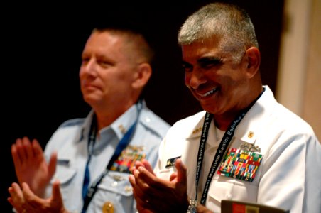 US Navy 080922-N-9818V-121 Master Chief Petty Officer of the Navy (MCPON) Joe R. Campa Jr. and Master Chief Petty Officer of the Coast Guard Skip Bowen welcome senior enlisted leaders