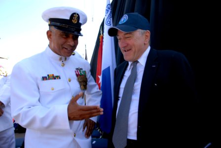 US Navy 080918-N-9818V-392 Master Chief Petty Officer of the Navy (MCPON) Joe R. Campa Jr. speaks with actor Robert De Niro following the christening ceremony for USNS Carl Brashear (T-AKE 7) held General Dynamics NASSCO