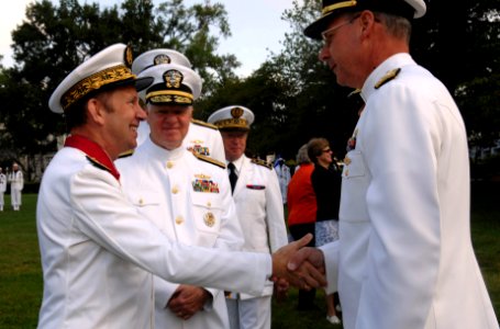 US Navy 080923-N-8273J-092 Adm. Pierre-Francois Forissier, the chief of staff of the French Navy, left, greets Vice Adm. Kevin McCoy, commander, Naval Sea Systems Command and other flag officers