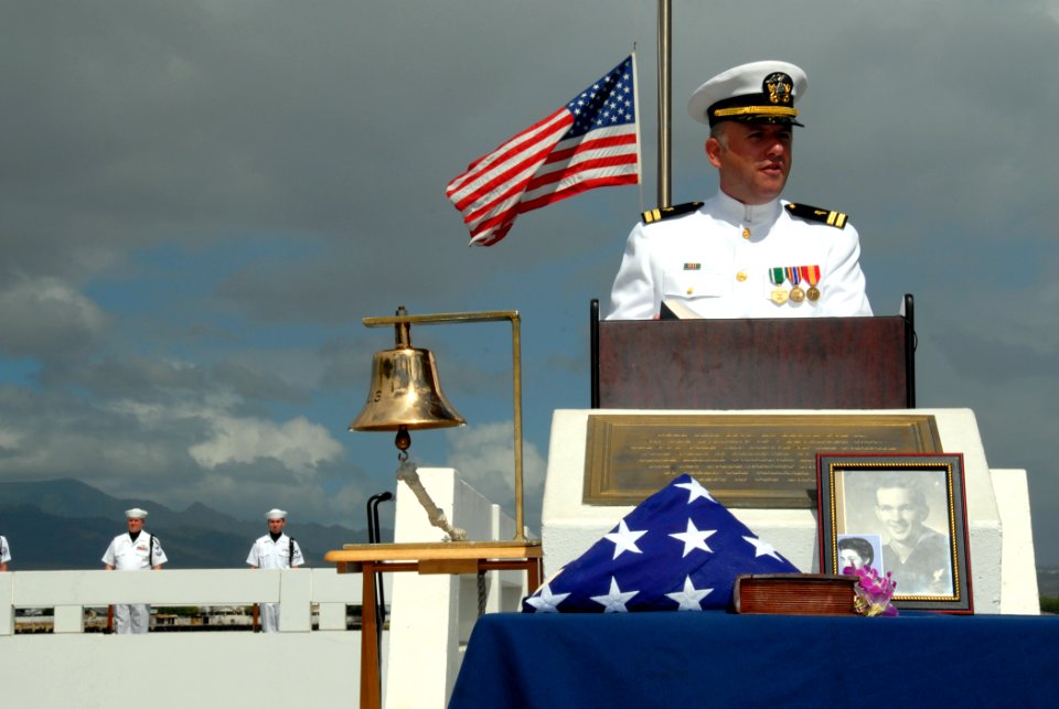 US Navy 080923-N-4965F-059 Lt. Corey Thornton addresses guests during a burial and ashes scattering ceremony to honor Pearl Harbor survivor Chief Carpenter's Mate Herbert B. Power