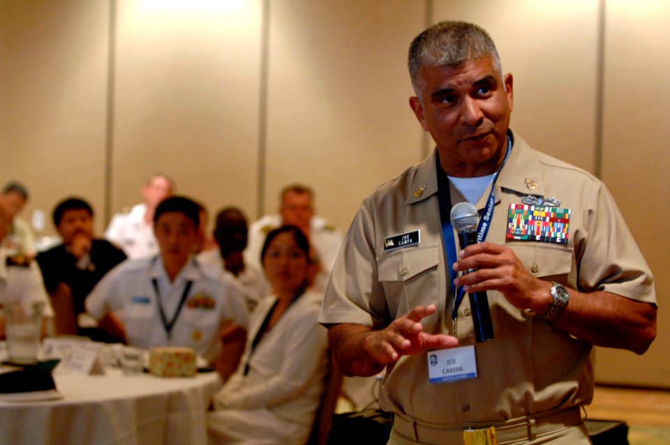 US Navy 080924-N-9818V-348 Master Chief Petty Officer of the Navy (MCPON) Joe R. Campa Jr. addresses the participants of the second Global Maritime Senior Enlisted Sailor Symposium