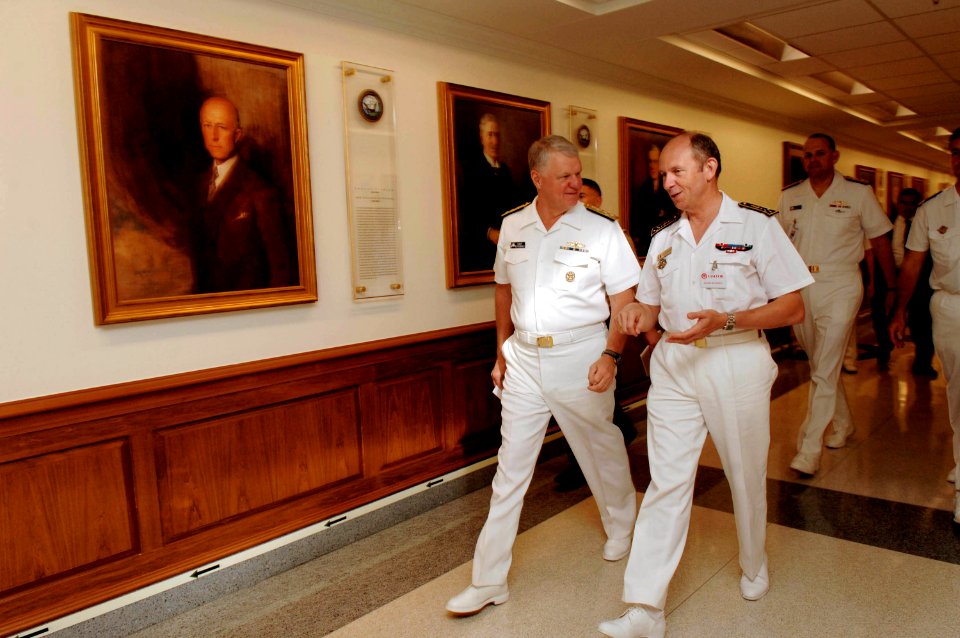 US Navy 080923-N-8273J-112 Chief of Naval Operations (CNO) Adm. Gary Roughead, left, speaks with Adm. Pierre-Francois Forissier, the chief of staff of the French Navy, during a visit to the Pentagon
