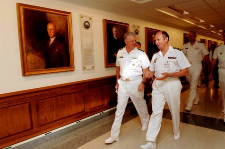US Navy 080923-N-8273J-112 Chief of Naval Operations (CNO) Adm. Gary Roughead, left, speaks with Adm. Pierre-Francois Forissier, the chief of staff of the French Navy, during a visit to the Pentagon