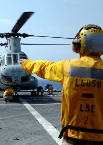 US Navy 080925-N-9134V-069 Boatswain's Mate 2nd Class Cody Rufener directs flight crew members