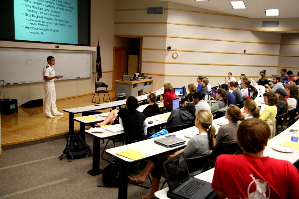 US Navy 080926-N-3271W-003 Lt. Andrew Baldwin, M.D., peaks to students at the University of South Carolina School of Medicine