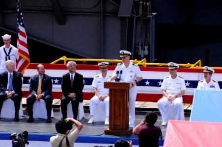 US Navy 080925-N-8546L-735 Capt. J.R. Haley addresses the family, friends, and media in attendance for George Washington's arrival at Fleet Activities Yokosuka