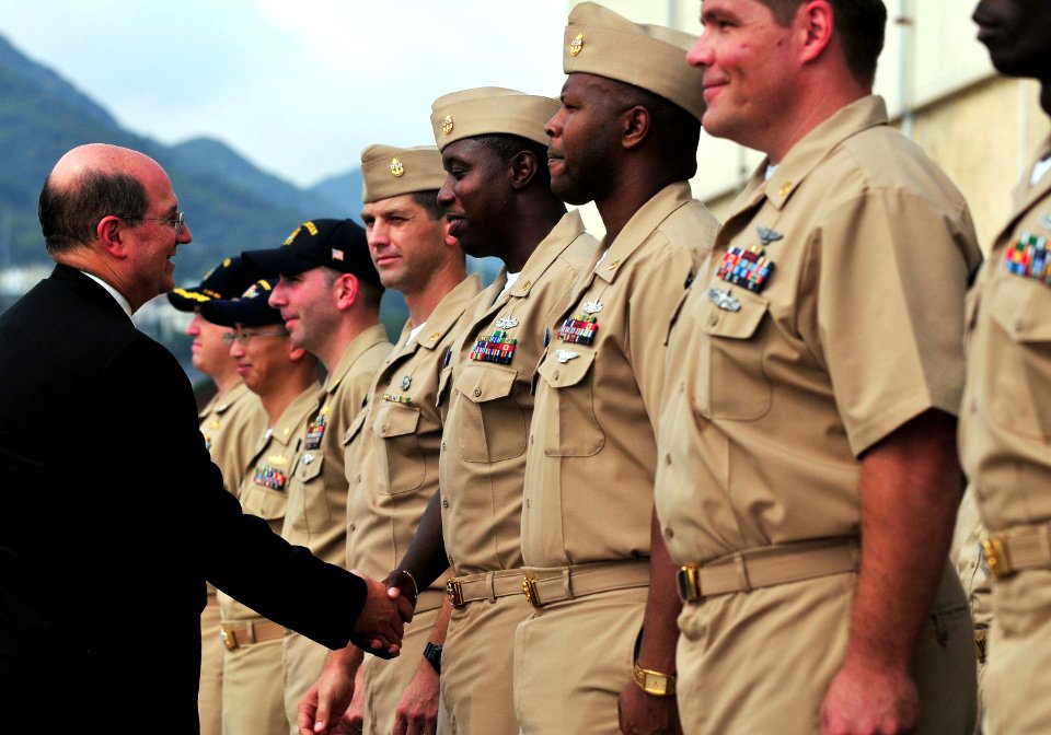 US Navy 080924-N-0807W-424 Secretary of the Navy (SECNAV), the Honorable Donald C. Winter, meets with newly selected chiefs petty officers