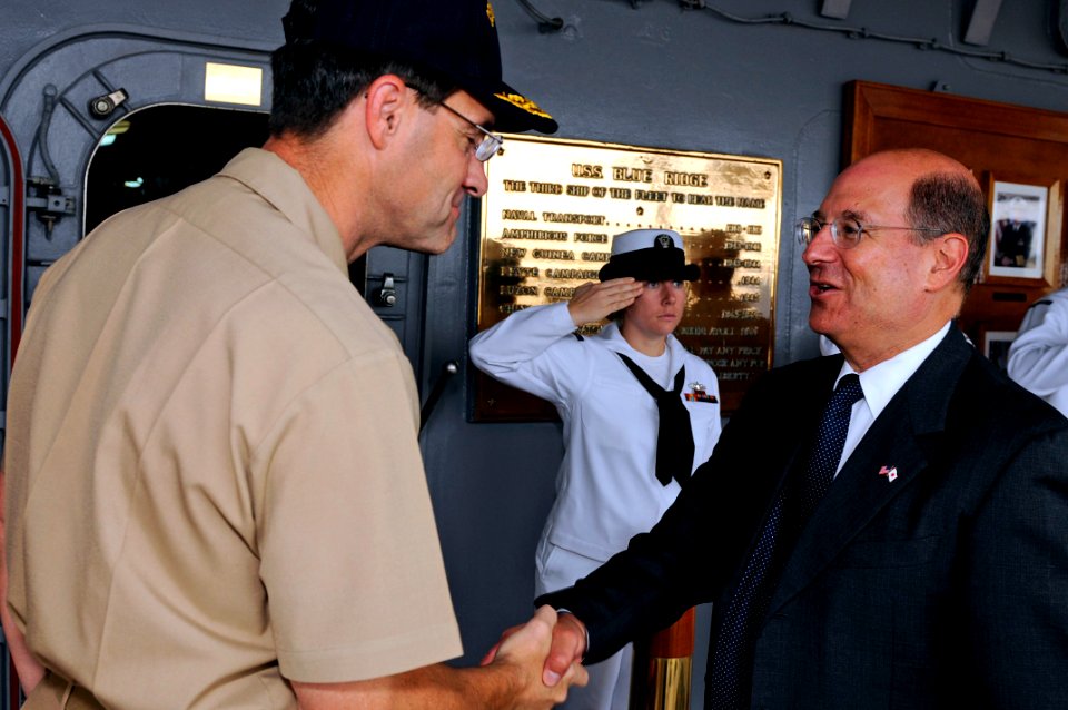 US Navy 080926-N-7280V-008 Secretary of the Navy the Honorable Dr. Donald C. Winter is greeted on the quarterdeck of USS Blue Ridge (LCC 19)