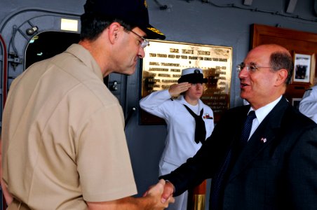 US Navy 080926-N-7280V-008 Secretary of the Navy the Honorable Dr. Donald C. Winter is greeted on the quarterdeck of USS Blue Ridge (LCC 19)