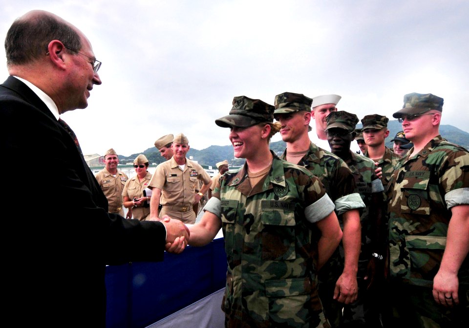 US Navy 080924-N-0807W-190 Secretary of the Navy (SECNAV), the Honorable Donald C. Winter, greets Sailors