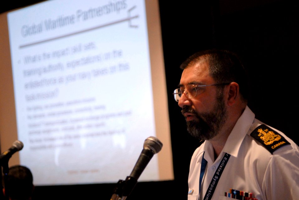 US Navy 080923-N-9818V-003 Canadian Navy Chief Petty Officer 1st Class Robert Cleroux gives a presentation during the second Global Maritime Senior Enlisted Sailor Symposium