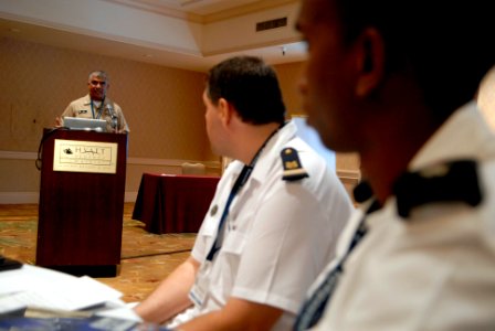 US Navy 080924-N-9818V-385 Master Chief Petty Officer of the Navy (MCPON) Joe R. Campa Jr. addresses the participants of the second Global Maritime Senior Enlisted Sailor Symposium