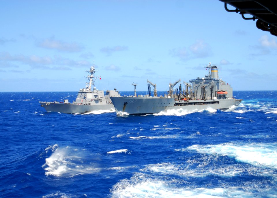 US Navy 080929-N-5148B-047 The Military Sealift Command fleet replenishment oiler USNS Pecos (T-A0 197) and the guided-missile destroyer USS Halsey (DDG 97) steam together in the Indian Ocean