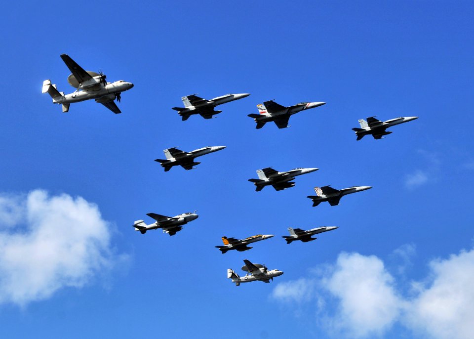 US Navy 080929-N-7981E-605 Aircraft assigned to Carrier Air Wing (CVW) 2 fly over the aircraft carrier USS Abraham Lincoln (CVN 72) in formation during an air power demonstration