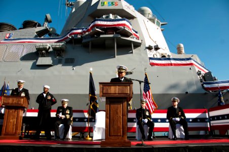 US Navy 101217-N-5758H-011 Cmdr. H.B. Le address the audience and Sailors during the change of command ceremony of USS Lassen (DDG 82)
