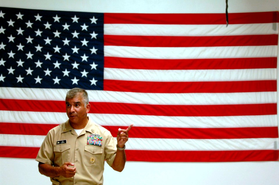 US Navy 081003-N-9818V-533 Master Chief Petty Officer of the Navy (MCPON) Joe R. Campa Jr. addresses Sailors stationed at Explosive Ordnance Disposal Mobile Unit (EODMU) 5 during an all-hands call
