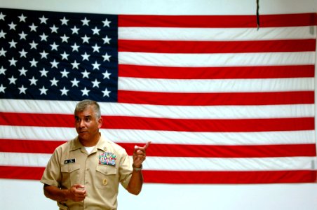 US Navy 081003-N-9818V-533 Master Chief Petty Officer of the Navy (MCPON) Joe R. Campa Jr. addresses Sailors stationed at Explosive Ordnance Disposal Mobile Unit (EODMU) 5 during an all-hands call