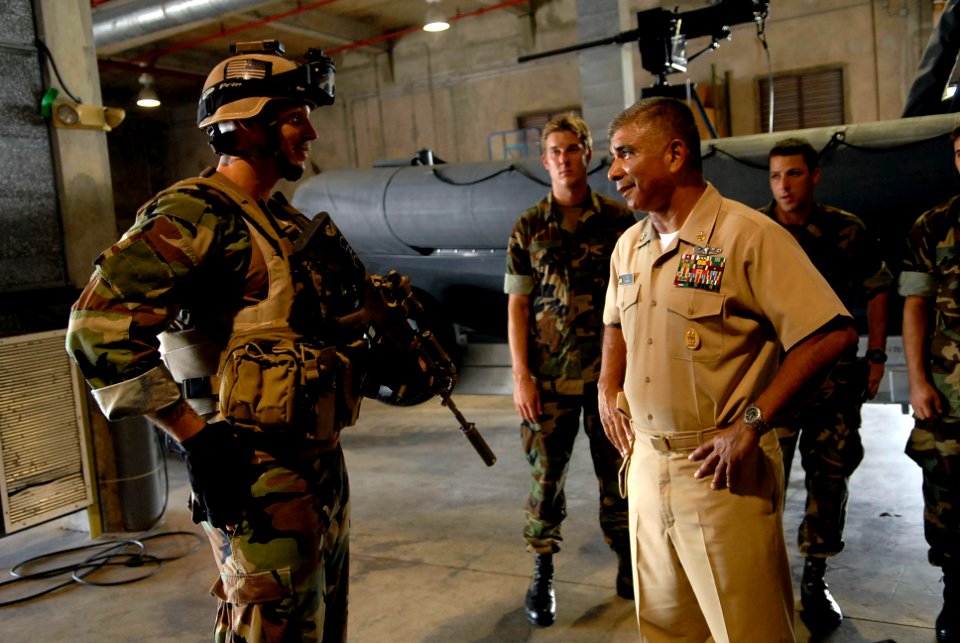 US Navy 081003-N-9818V-377 Master Chief Petty Officer of the Navy (MCPON) Joe R. Campa Jr. speaks with Sailors attached to Naval Special Warfare Group 1 during a tour of their spaces