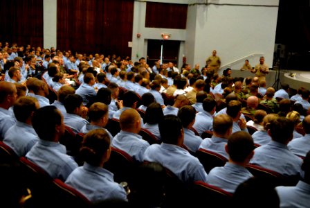 US Navy 081003-N-9818V-241 Master Chief Petty Officer of the Navy (MCPON) Joe R. Campa Jr. addresses Sailors stationed in Guam during an all-hands call held at the theater on Naval Base Guam