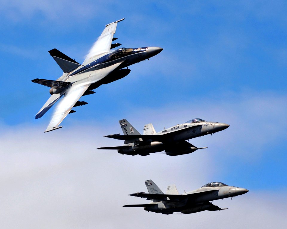 US Navy 081006-N-7981E-336 Capt. John Aquilino, outgoing commander of Carrier Air Wing (CVW) 2 banks an F-A-18E Super Hornet strike fighter over the aircraft carrier USS Abraham Lincoln (CVN 72)