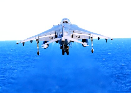 US Navy 081007-N-2183K-014 An AV-8B Harrier jet attached to Marine Attack Squadron (VMA) 311 launches off the flight deck aboard the amphibious assault ship USS Peleliu (LHA 5)