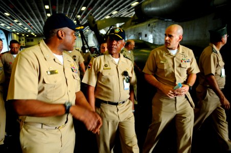 US Navy 081007-N-4515N-112 Capt. Walter Towns, commanding officer of the amphibious assault ship USS Kearsarge (LHD 3), gives a guided tour of the ship to Dominican Republic Army Brig. Gen. Josrge Medrano