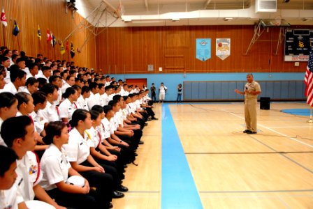 US Navy 081008-N-9818V-201 Master Chief Petty Officer of the Navy (MCPON) Joe R. Campa Jr. speaks to students in the Junior Reserve Officer Training Corps (JROTC) program at Luther Burbank High School during his visit to Sacram