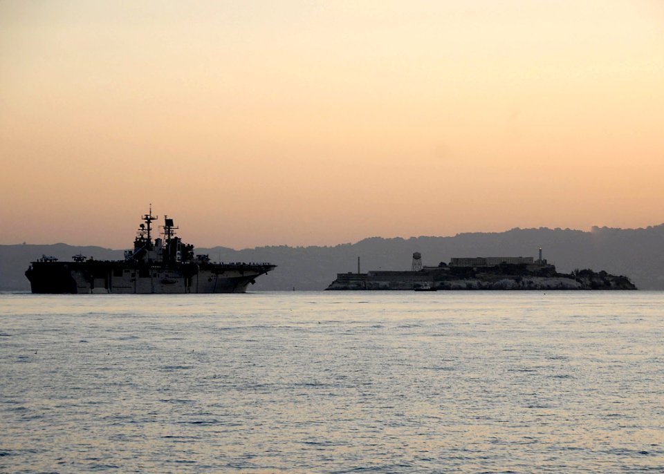 US Navy 081012-N-0515W-061 The amphibious assault ship USS Bonhomme Richard (LHD 6), sails past Alcatraz State Park as she makes her way to San Francisco to participate in San Francisco Fleet Week