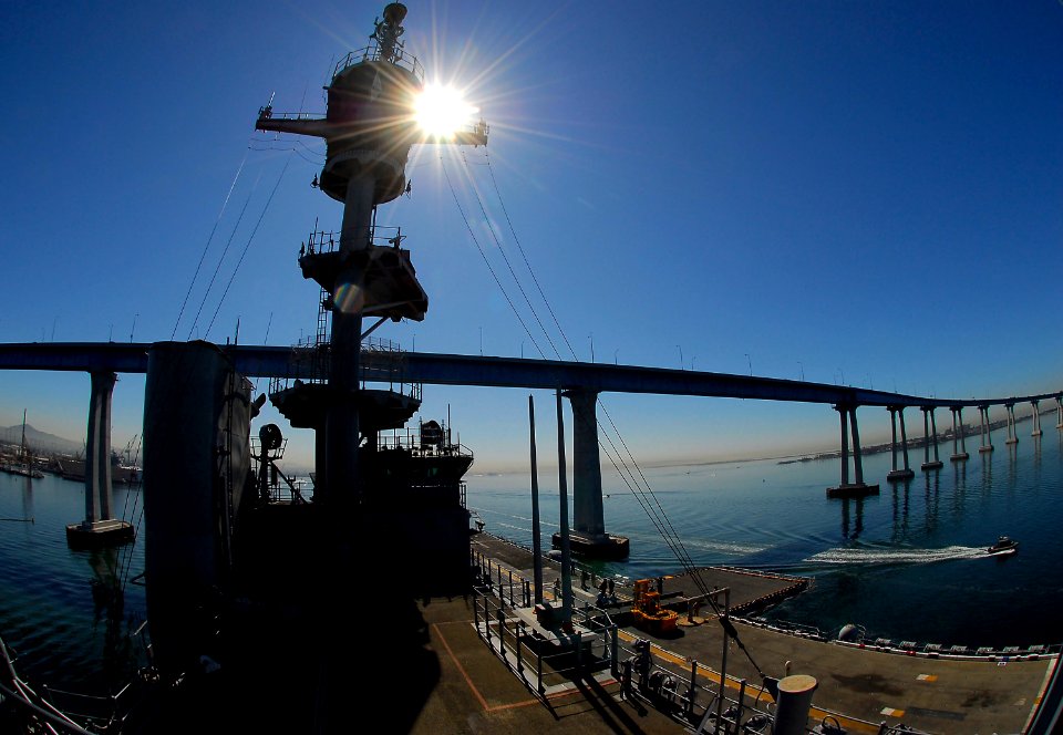 US Navy 081007-N-4774B-036 The aft mast of the amphibious assault ship USS Boxer (LHD 4) emerges from beneath the Coronado Bay Bridge in San Diego Bay