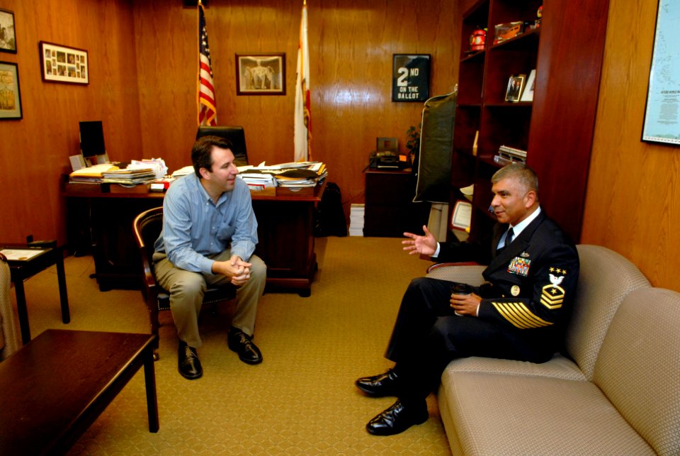 US Navy 081007-N-9818V-098 Master Chief Petty Officer of the Navy (MCPON) Joe R. Campa Jr. meets with California state assemblyman Hector De La Torre after touring the California State Capitol