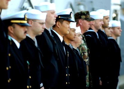 US Navy 081011-N-5758H-178 Sailors stand at attention during an awards ceremony aboard USS Nassau (LHA 4)