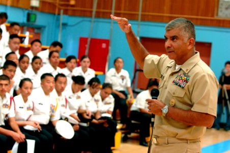 US Navy 081008-N-9818V-243 Master Chief Petty Officer of the Navy (MCPON) Joe R. Campa Jr. speaks to students in the Junior Reserve Officer Training Corps (JROTC) program at Luther Burbank High School during his visit to Sacram