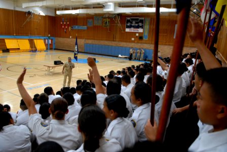 US Navy 081008-N-9818V-254 Master Chief Petty Officer of the Navy (MCPON) Joe R. Campa Jr. takes questions from students in the Junior Reserve Officer Training Corps (JROTC) program at Luther Burbank High School during his visi