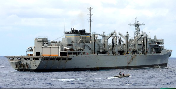 US Navy 100708-N-7058E-267 A rigid-hull inflatable boat keeps station off the starboard quarter of USNS Bridge (T-AOE 10) during a maritime security exercise