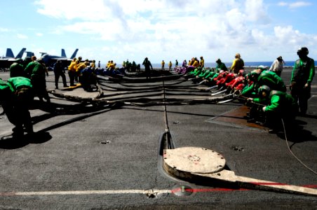 US Navy 081013-N-7918H-260 Flight deck personnel participate in a barricade drill aboard the aircraft carrier USS Theodore Roosevelt (CVN 71)