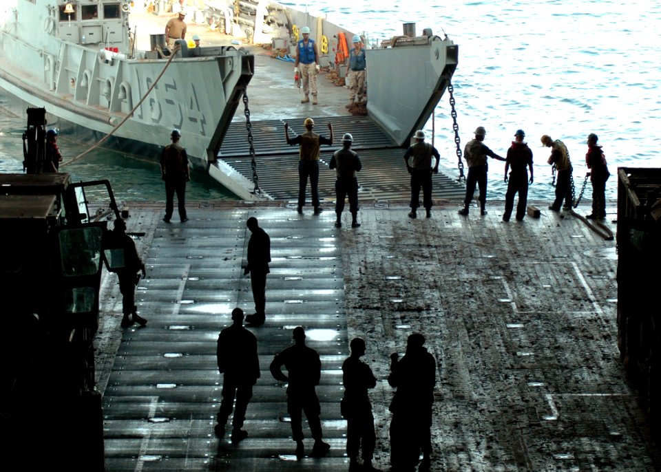 US Navy 081012-N-9134V-062 Landing craft utility (LCU) 1654, assigned to Assault Craft Unit (ACU) 4 is embarked aboard the amphibious dock landing ship USS Carter Hall (LSD 50)