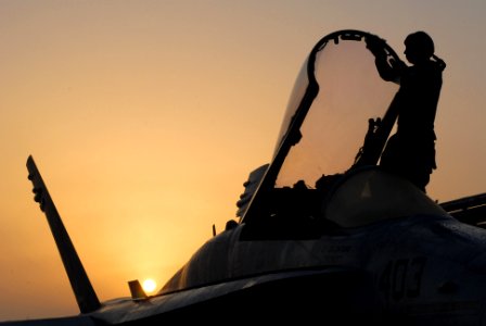 US Navy 081014-N-7730P-073 Aviation Machinist's Mate 3rd Class Kyle Alhers wipes off condensation formed on the canopy of an F-A-18C Hornet