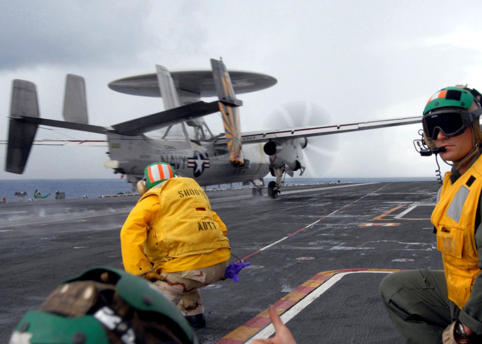 US Navy 081017-N-1644H-153 An E-2C Hawkeye launches off the flight deck of the Nimitz-class aircraft carrier USS George Washington (CVN 73)