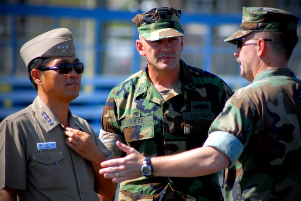 US Navy 081015-N-7367K-001 Capt. Jaelig Park of the Republic of Korea Navy visits with Naval Mobile Construction Battalion (NMCB) 1 during a tour of Naval Construction Battalion Center, Gulfport