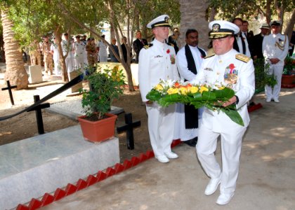 US Navy 091111-N-0803S-012 Vice Adm. Bill Gortney places a wreath at an Armistice Day ceremony photo