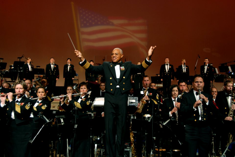 US Navy 081018-N-0773H-147 Capt. George N. Thompson concludes the Navy Band's performance of the 233rd Navy Birthday Concert at DAR Constitution Hall