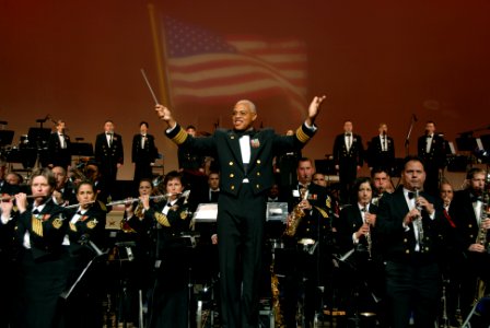 US Navy 081018-N-0773H-147 Capt. George N. Thompson concludes the Navy Band's performance of the 233rd Navy Birthday Concert at DAR Constitution Hall