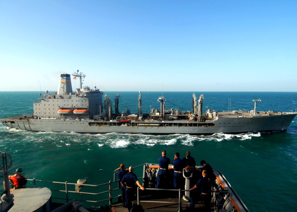 US Navy 081020-N-9134V-017 The Military Sealift Command fleet replenishment oiler USNS Laramie (T-AO 203) pulls alongside the amphibious dock landing ship USS Carter Hall (LSD 50)for a replenishment at sea