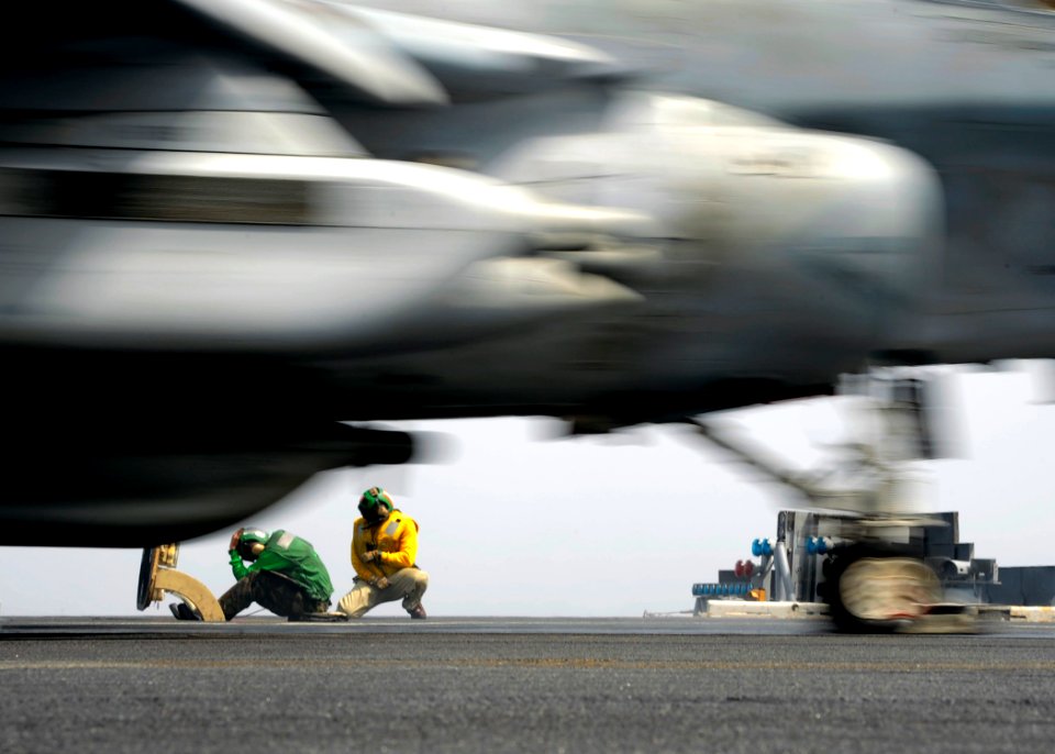 US Navy 081016-N-7571S-006 An EA-6B Prowler is launched during flight operations aboard the aircraft carrier USS Theodore Roosevelt (CVN 71)