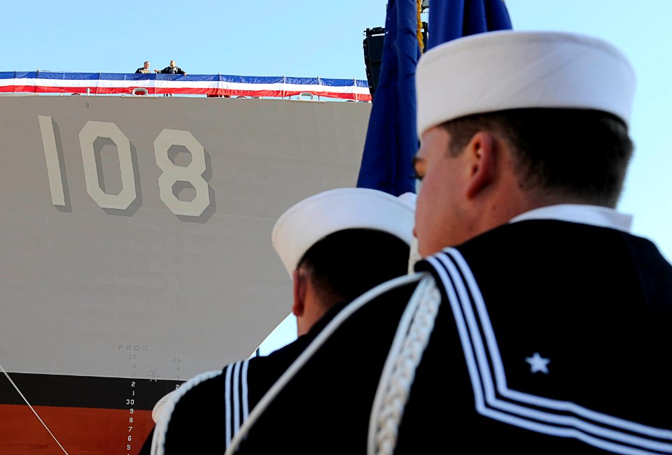 US Navy 081018-N-8273J-063 Sailors prepare to present colors during the christening ceremony for the Arleigh Burke-class guided-missile destroyer USS Wayne E. Meyer (DDG 108)