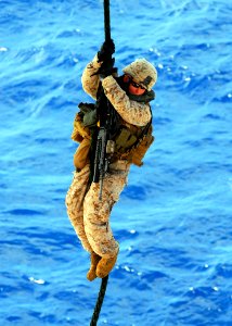 US Navy 081021-N-2183K-034 A Marine performs a fast-rope training exercise from a CH-46E Sea Knight helicopter onto the flight deck of the amphibious assault ship USS Peleliu (LHA 5)